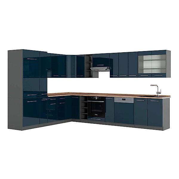 Vicco Fame-Line Eckküche Dunkelblau Hochglanz/Anthrazit 257 x 60 cm AP Eich günstig online kaufen