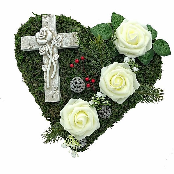 Radami Gartenfigur Grabgesteck Grabherz Moosherz "Kreuz" 3 Rosen weiß günstig online kaufen