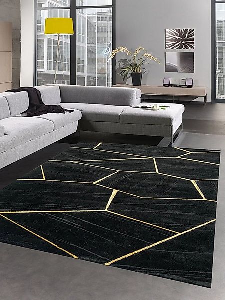 Carpetia Teppich Teppich Wohnzimmer geometrisches Muster schwarz gold, rech günstig online kaufen