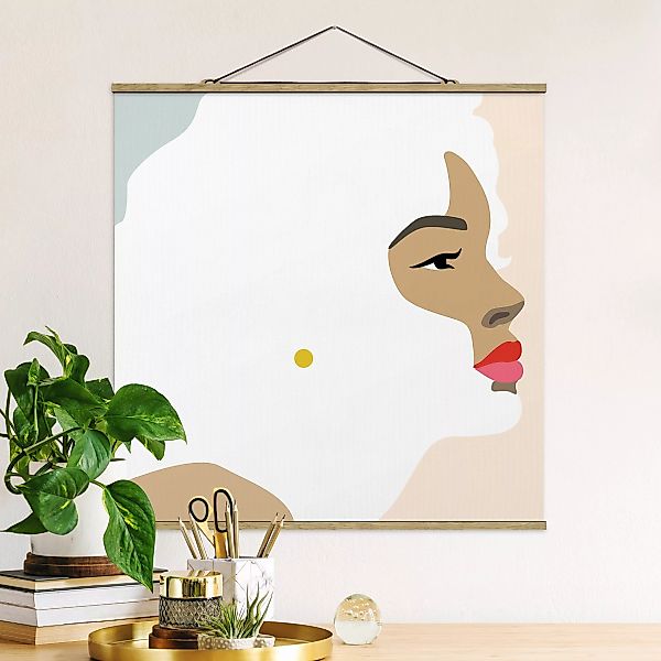 Stoffbild Abstrakt mit Posterleisten - Quadrat Line Art Portrait Frau Paste günstig online kaufen