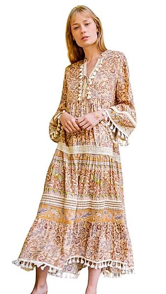 Charis Moda Sommerkleid Langes Kleid im Bohème-Print mit Pompons und Spitze günstig online kaufen