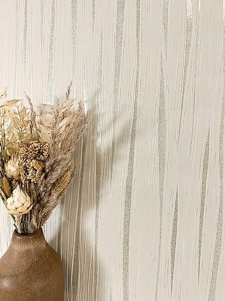 Newroom Vliestapete, Creme Tapete Streifen Linien - Glitzertapete Geschwung günstig online kaufen