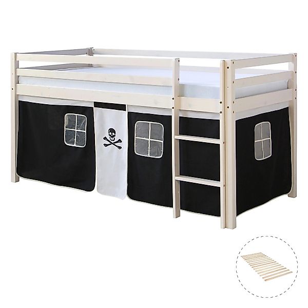 Homestyle4u Hochbett 90x200 mit Vorhang und Lattenrost in Weiß Pirat 2538 günstig online kaufen