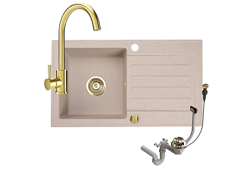 Faizee Möbel Granitspüle Granitspüle 76x44 und Armatur Gold Küchenspüle mit günstig online kaufen
