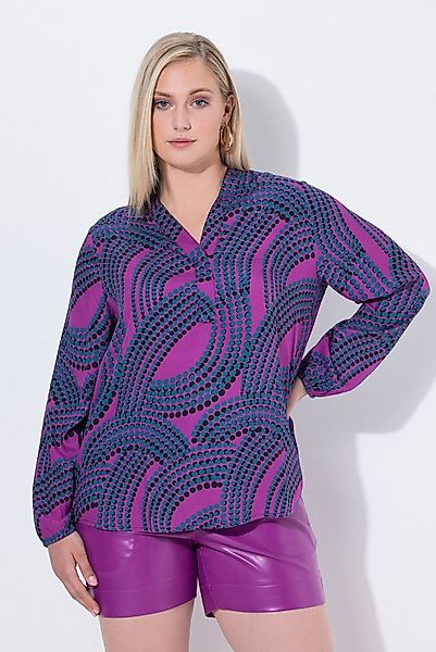 Ulla Popken Tunika Bluse Punkte Kelchkragen V-Ausschnitt Langarm günstig online kaufen