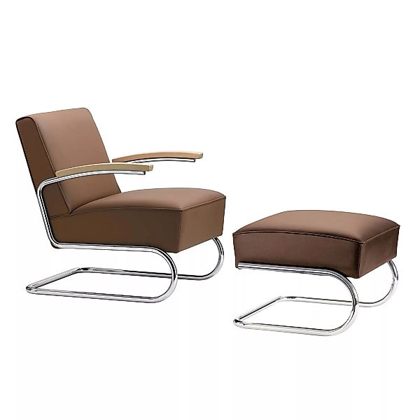 Thonet - S 411 Sessel mit Hocker Leder - dunkelbraun/Gestell verchromt/Nubu günstig online kaufen