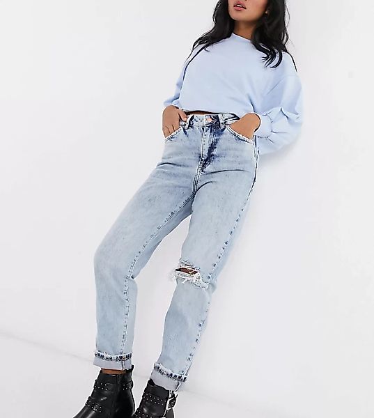 New Look Petite – Mom-Jeans mit Zierrissen in Acid-Waschung-Blau günstig online kaufen