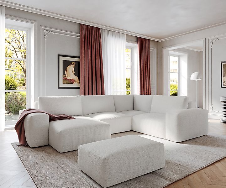 Wohnlandschaft Lanzo 300x210 cm Bouclé Creme-Weiß Recamiere variabel mit Ho günstig online kaufen