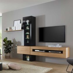 Hängende Anbauwand in Schwarz Hochglanz Wildeichefarben (fünfteilig) günstig online kaufen