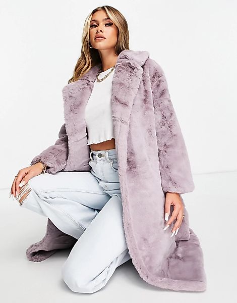 Jayley – Länger geschnittener Mantel aus Kunstpelz in Flieder-Violett günstig online kaufen