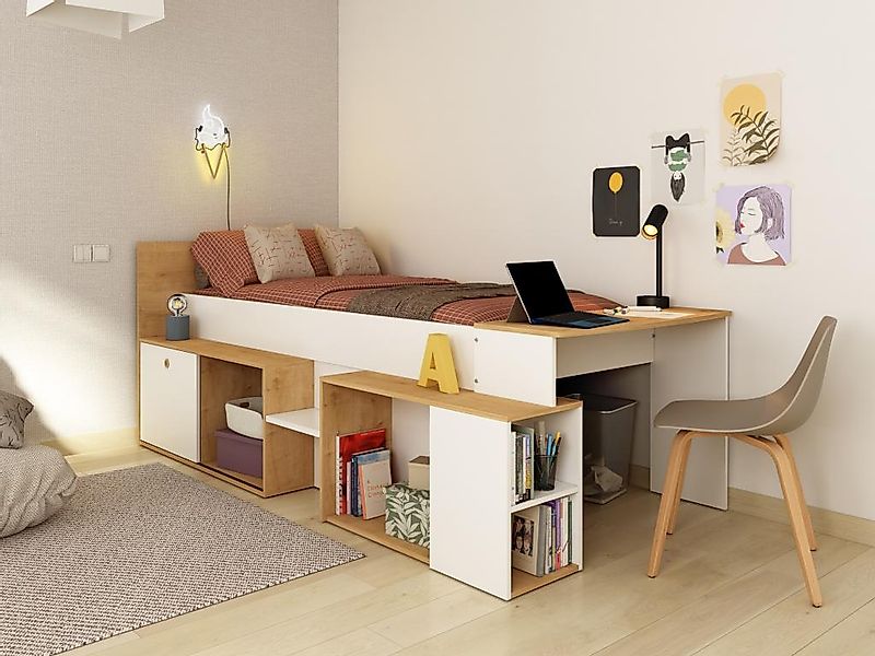 Kombibett 90 x 200 cm mit Schreibtisch & Stauraum + Lattenrost - Weiß & Hol günstig online kaufen