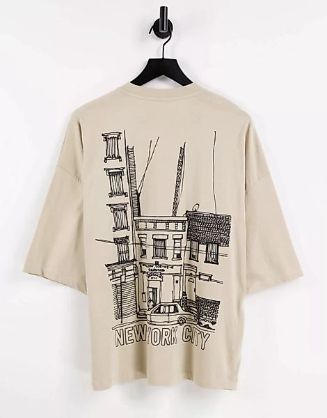 ASOS DESIGN – Oversized-T-Shirt aus Bio-Baumwolle in Beige mit Linienzeichn günstig online kaufen