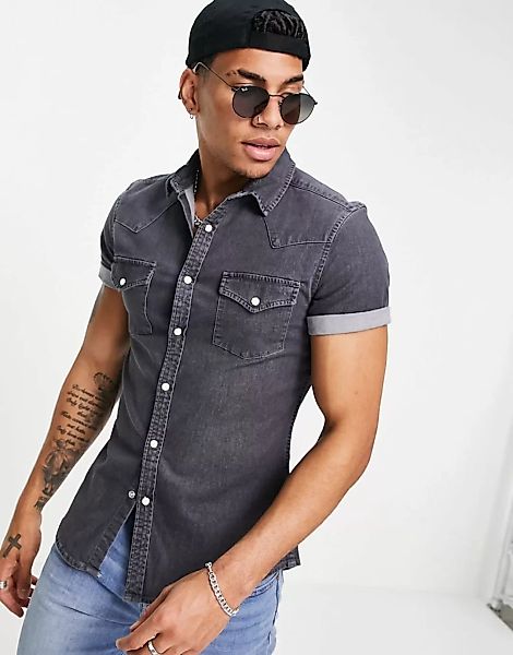 ASOS DESIGN – Enges Western-Jeanshemd in verwaschenem Schwarz-Grau günstig online kaufen