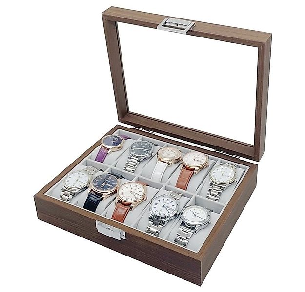 mixed24 Schmuckkasten Holz Uhrenkoffer für 10 Uhren, Glasdeckel Uhrendispla günstig online kaufen