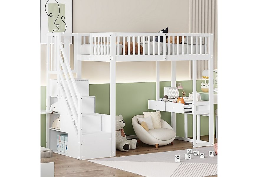 Flieks Hochbett Massivholz Kinderbett 90x200cm mit Tisch und Stauraumtreppe günstig online kaufen