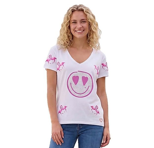 Miss Goodlife T-Shirt MG13821 T-Shirt Flamingos Weiß – V-Ausschnitt mit Hea günstig online kaufen