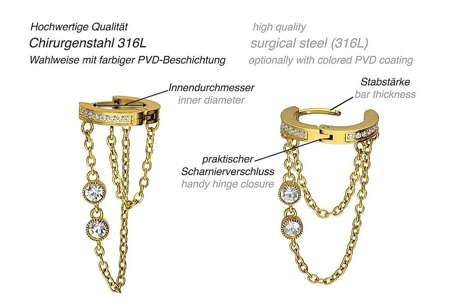 PIERCINGLINE Single-Ohrstecker Chirurgenstahl Ohrclicker KETTEN + KRISTALLE günstig online kaufen
