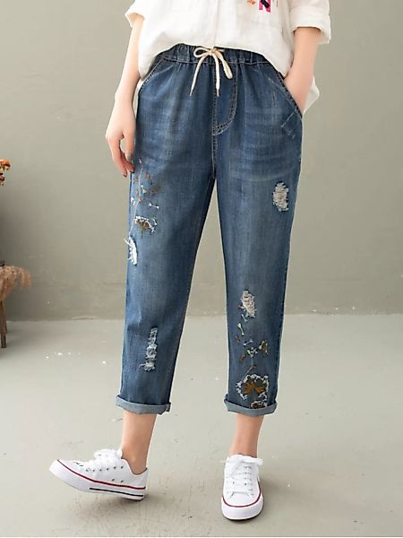 Ripped Embroidered Drawstring Waist Jeans für Damen günstig online kaufen