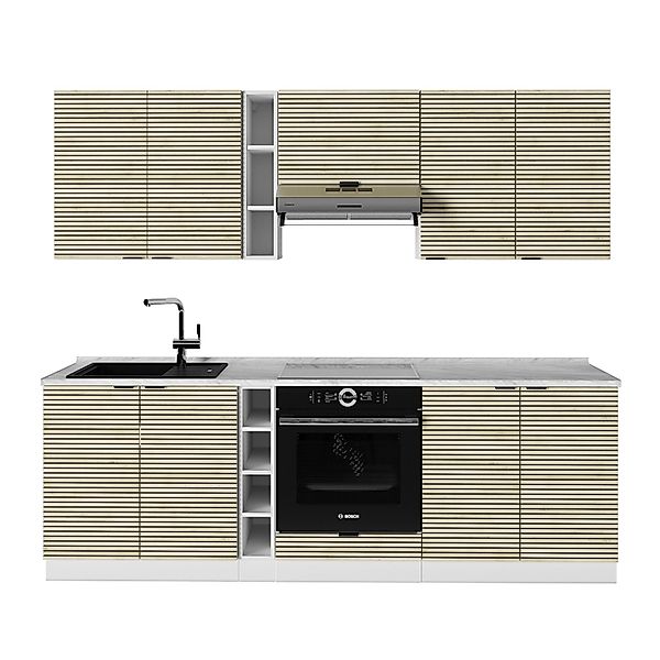 Vicco Fame-Line Küchenzeile Eiche Paneel/Weiß 235 cm AP Marmor ohne E-Gerät günstig online kaufen