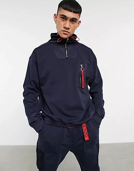 HUGO Damboo – Sweatshirt mit Viertel-Reißverschluss in Marineblau günstig online kaufen