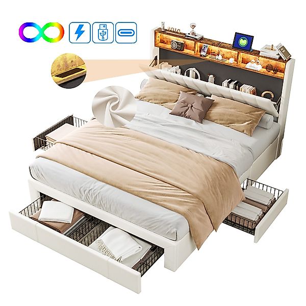 FUROKOY Polsterbett Doppelbett,Funktionsbett Stauraumbett mit LED-Licht günstig online kaufen