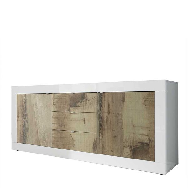 Wohnzimmerschrankwand in Holz verwittert Weiß Hochglanz (zweiteilig) günstig online kaufen