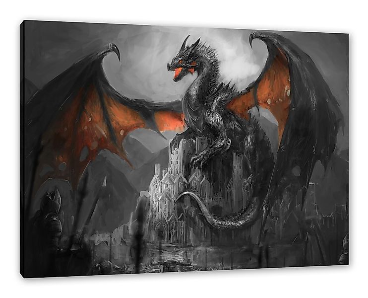 Pixxprint Leinwandbild Drache schützend über Burg, günstig online kaufen