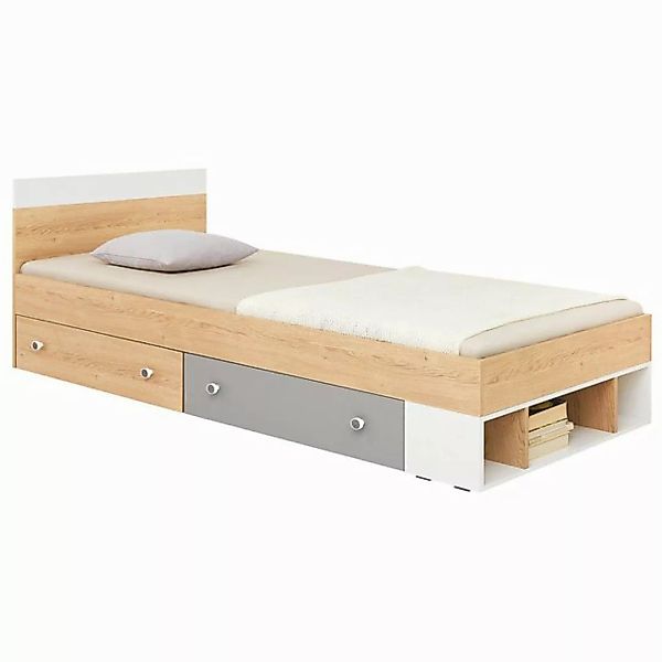 Lomadox Bett PINETO-133, Eiche Nb.,weiß,grau, 2 Schubkästen, Liegefläche ca günstig online kaufen