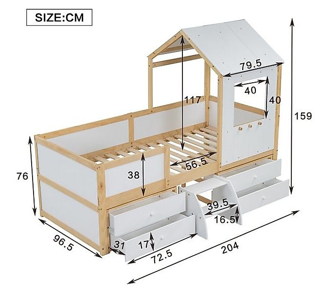 Flieks Etagenbett, Hochbett Hausbett 90x200cm mit 4 Schubladen und kleine T günstig online kaufen