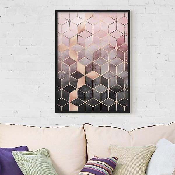 Bild mit Rahmen Abstrakt - Hochformat Rosa Grau goldene Geometrie günstig online kaufen