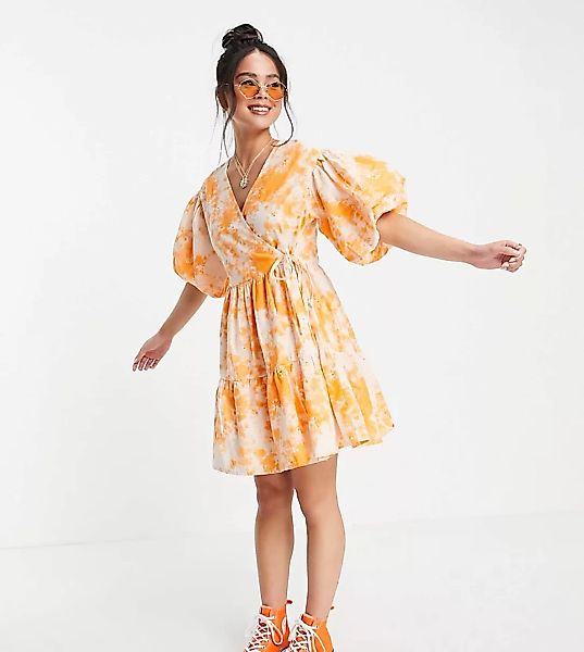 COLLUSION – Mini-Wickelkleid in Acid-Waschung in Weiß und Orange mit Lochst günstig online kaufen