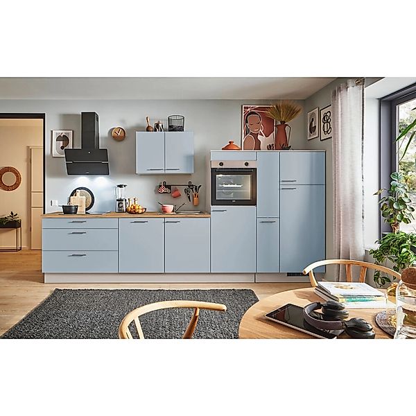 pino Küchenzeile 370cm Pastellblau Anschlag rechts 1 Geräte-, 1 Apothekersc günstig online kaufen