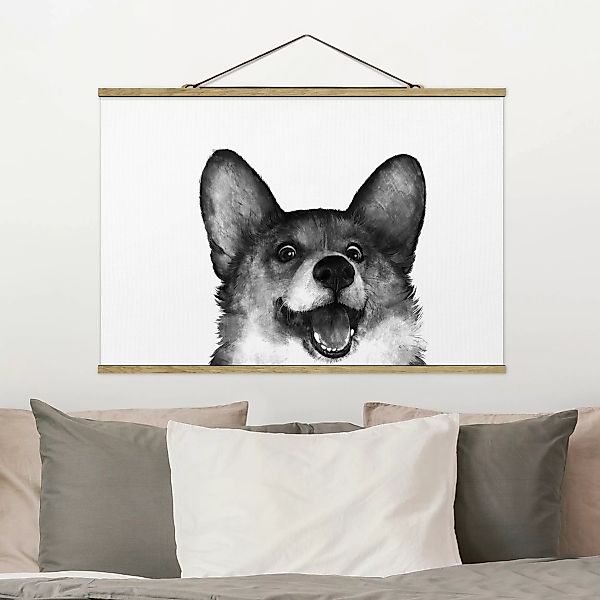 Stoffbild Tiere mit Posterleisten - Querformat Illustration Hund Corgi Weiß günstig online kaufen