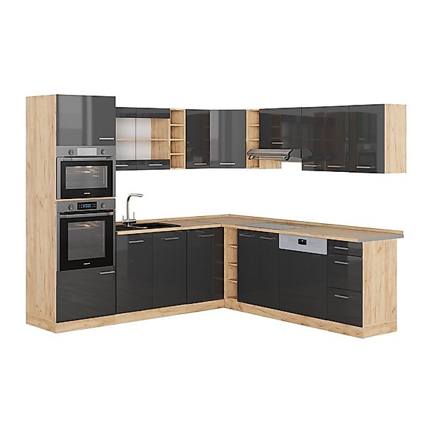 Vicco R-Line Eckküche Anthrazit Hochglanz/Goldkraft Eiche 237 x 247 cm AP E günstig online kaufen