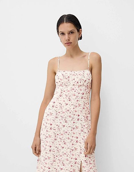 Bershka Gesmoktes Midikleid Mit Print Damen Xs Rosa günstig online kaufen