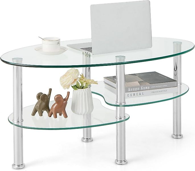 COSTWAY Glastisch, Couchtisch Glas, Oval, Metallrahmen, 50x90x45cm günstig online kaufen
