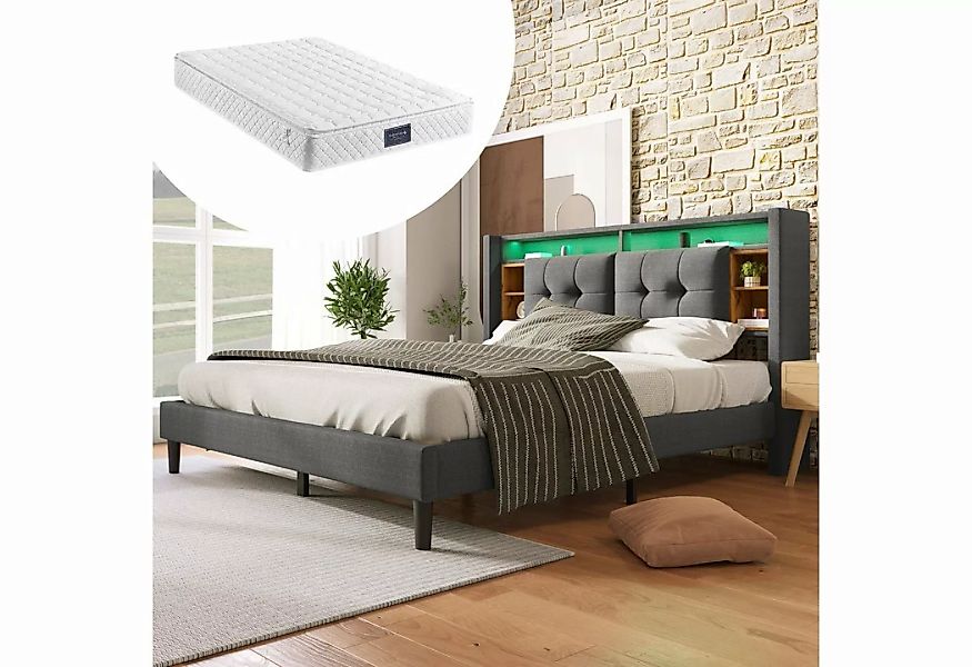 WISHDOR Polsterbett Doppelbett MassivholzBett (Bett mit aufladen USB und LE günstig online kaufen