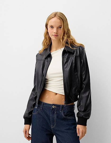 Bershka Kunstlederjacke Mit Rippenbündchen Damen L Schwarz günstig online kaufen