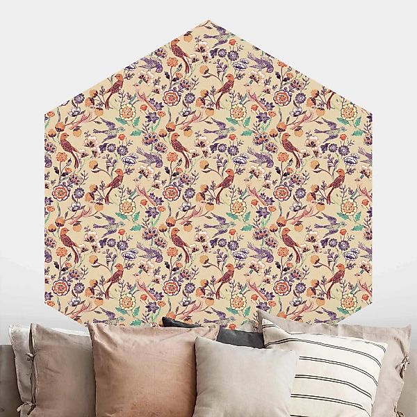 Hexagon Tapete selbstklebend Indisches Muster Vögel mit Blumen Beige günstig online kaufen