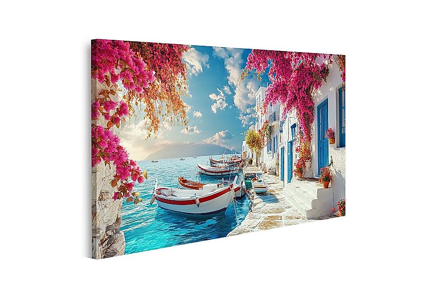 islandburner Leinwandbild, Idyllische griechische Küstenstadt mit blühenden günstig online kaufen