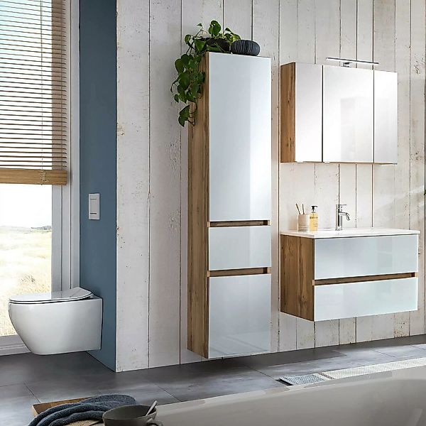 Badezimmermöbel Set 3-tlg. HEERLEN-03 in Wotaneiche Nb. mit Glasfronten wei günstig online kaufen