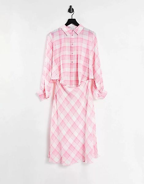 Lost Ink – Midaxi-Hemdkleid mit Schnürung vorne in Neon kariert-Rosa günstig online kaufen