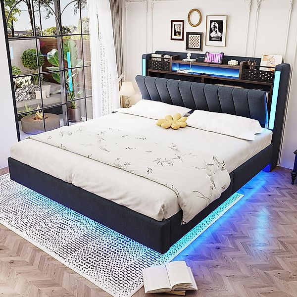 Flieks Polsterbett, LED Schwebebett Doppelbett 140x200cm günstig online kaufen