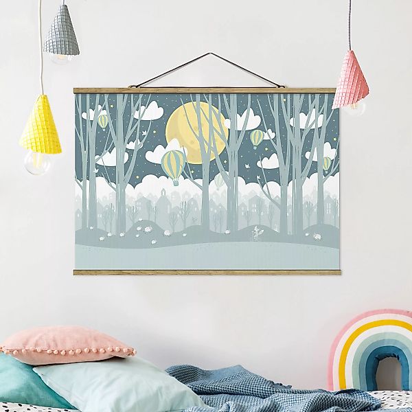 Stoffbild Kinderzimmer mit Posterleisten - Querformat Mond mit Bäumen und H günstig online kaufen