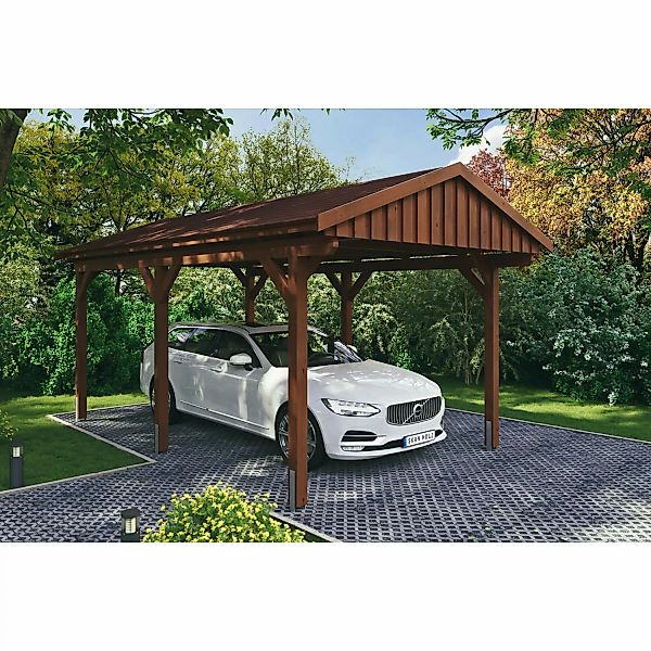 Skan Holz Carport Fichtelberg 317 cm x 566 cm Rote Schindeln Nussbaum günstig online kaufen