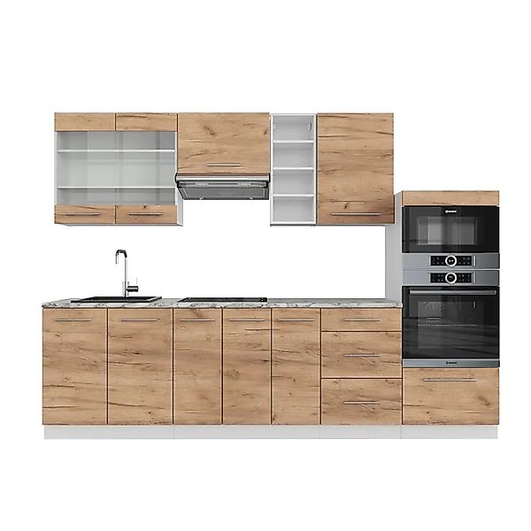 Vicco Fame-Line Küchenzeile Goldkraft Eiche/Weiß 280 cm AP Marmor ohne E-Ge günstig online kaufen