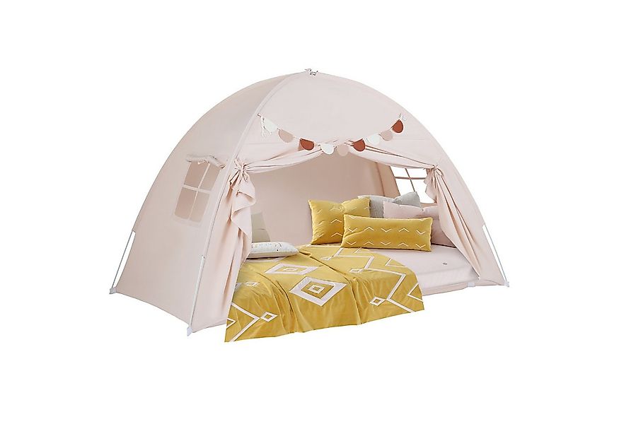 COSTWAY Bettzelt Faltbares Zwillingsbett-Zelt mit 2 Fenstern & Fahnen günstig online kaufen