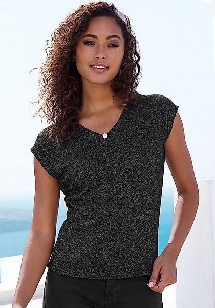 LASCANA Kurzarmshirt "mit Strassknopf in Blütenform", aus leichtem Feinstri günstig online kaufen