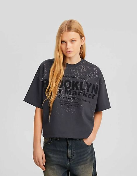 Bershka Kurzärmeliges Oversize-T-Shirt Mit Metallicprint Damen S Dunkelgrau günstig online kaufen
