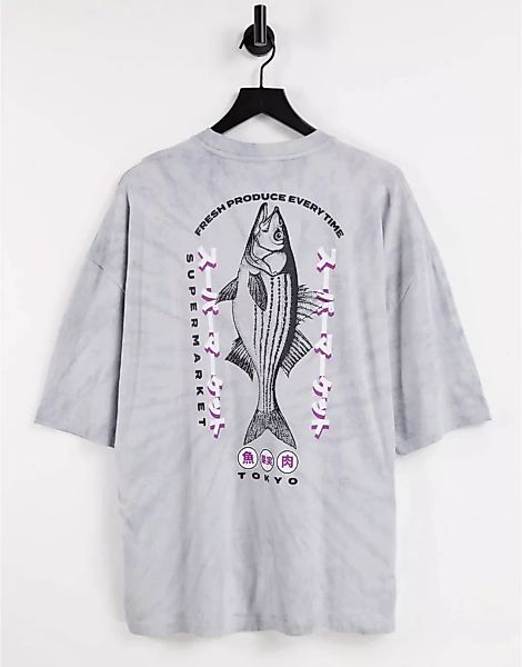 ASOS DESIGN – Oversize-T-Shirt mit grauem Batikmuster und Fischprint auf de günstig online kaufen